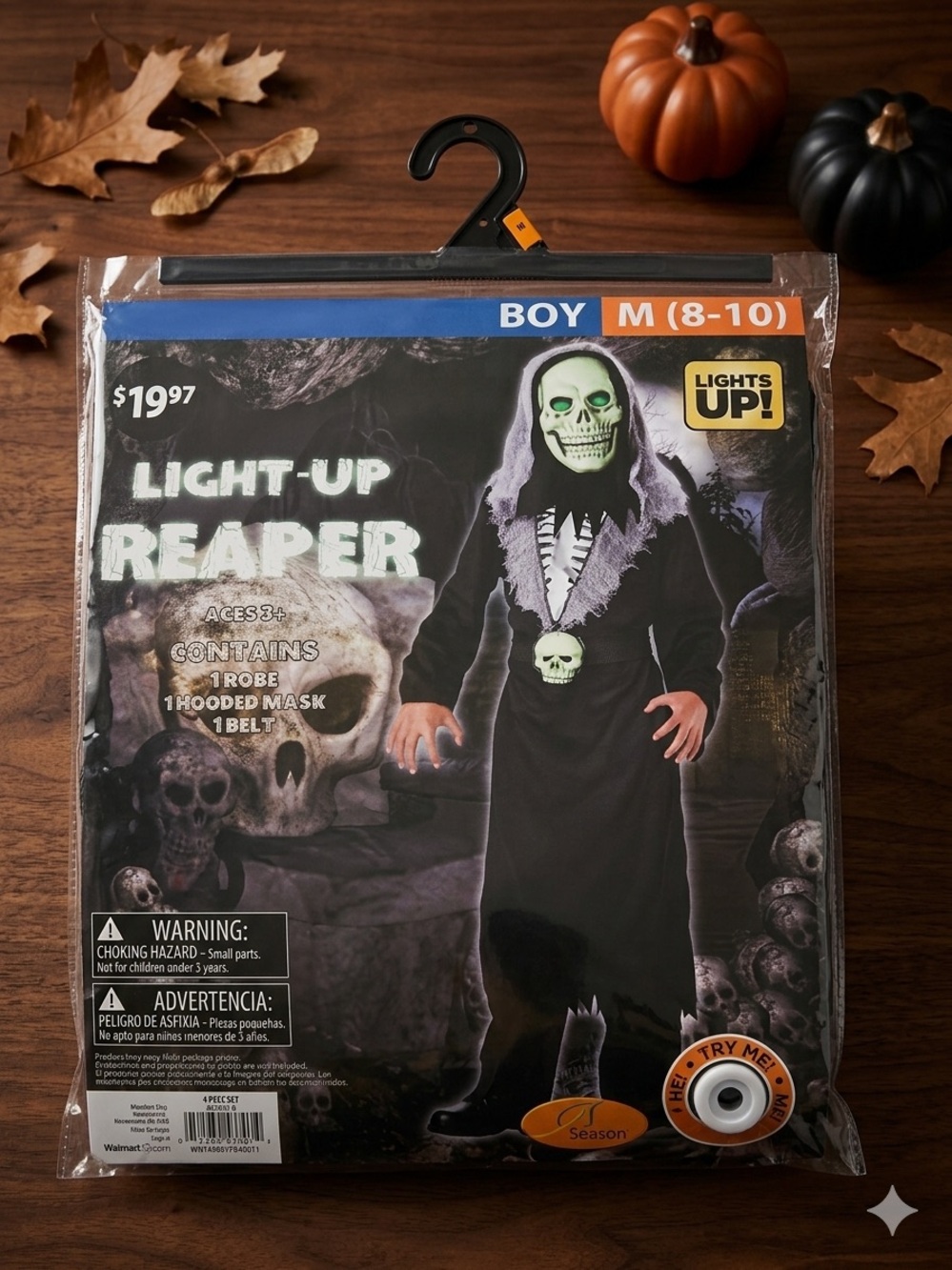 Seasons Light-Up Reaper Costume Boys Medium 8-10 Black Robe Skull Mask Glow